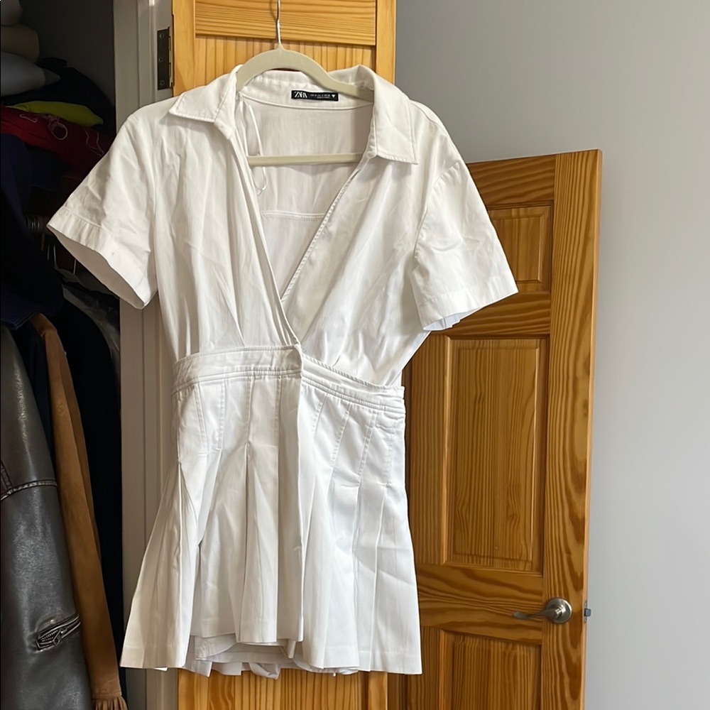 Zara White Short Sleeve Pleated Dress with Built In Shorts